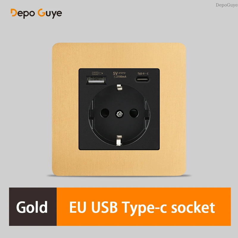 Retro EU French Standard Metal Double USB Wall Power Socket,Brushed Stainless Steel Antique Outlet with Type-c Usb Charing Port