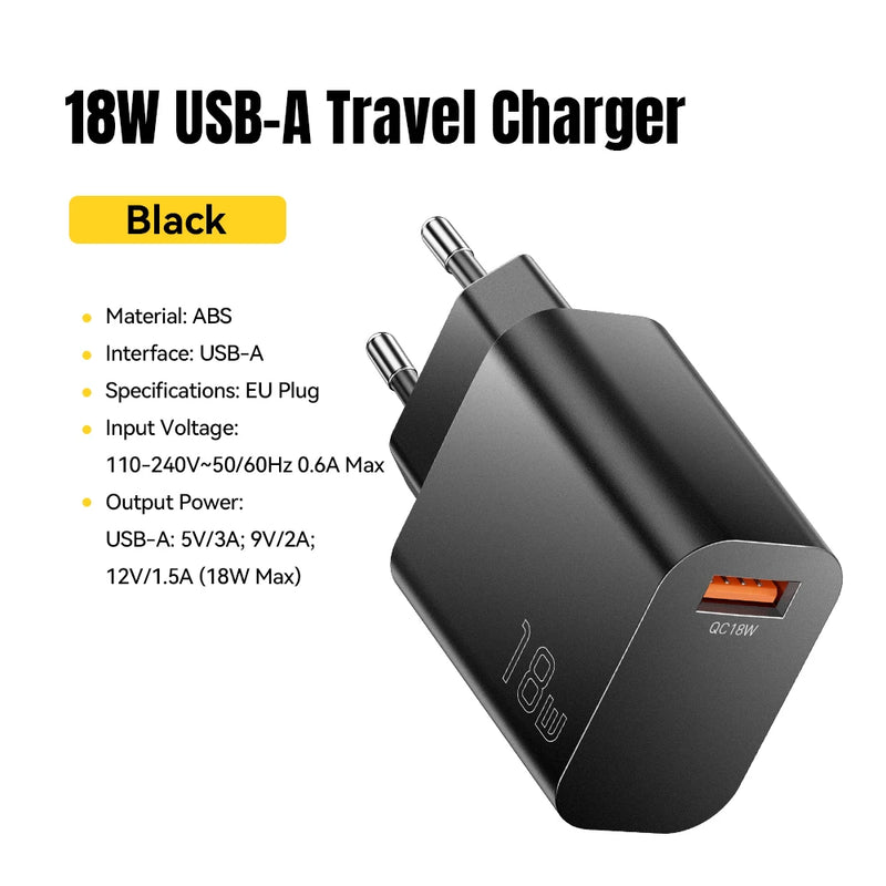 Essager 18W QC3.0 USB A Charger USB Quick Charge 3.0 Fast Wall Charger for Samsung S24 Huawei Xiaomi iPhone Mobile Phone Charger