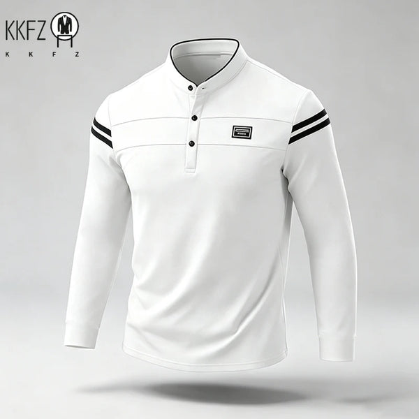 Mens Basic Stand Collar Long Sleeve Polo Top Sleeve Stripes Suitable For Vacation Short Trip And Multiple Leisure Scenes