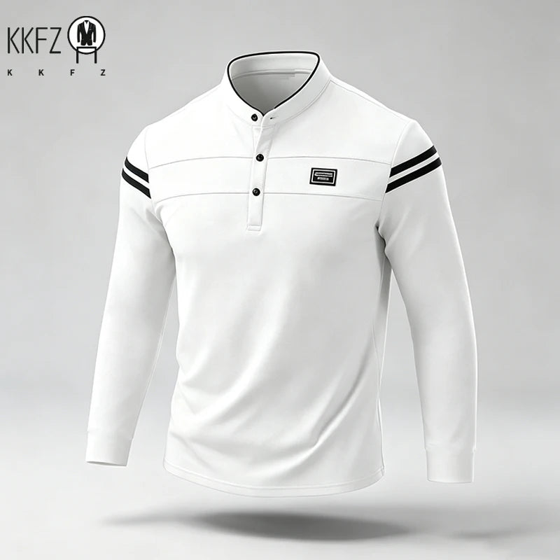 Mens Basic Stand Collar Long Sleeve Polo Top Sleeve Stripes Suitable For Vacation Short Trip And Multiple Leisure Scenes
