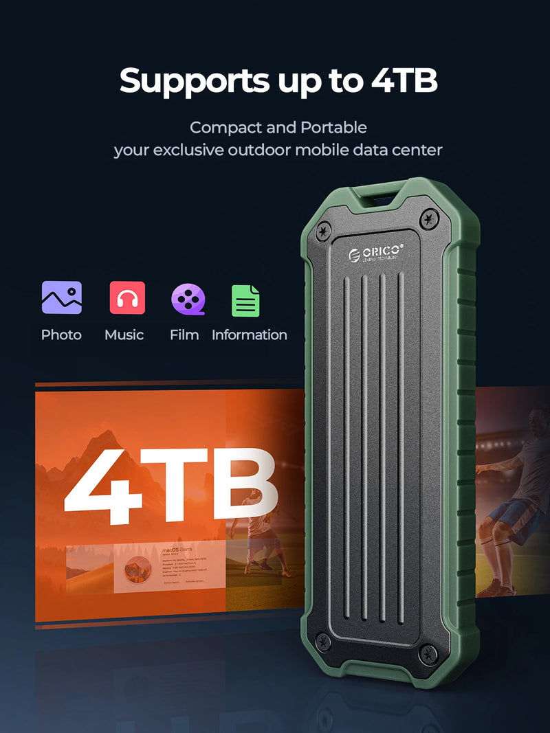 ORICO Portable M.2 NVMe SATA SSD Case Zinc Alloy Waterproof Shockproof Enclosure 10Gbps with Lanyard Heatsink for Outdoor Travel