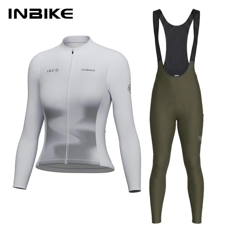 INBIKE Winter Long Fleece Cycle Jersey Set for Women Slim Thermal Long Sleeve Top Elastic Bib Pants Mountain Road Bike Clothing