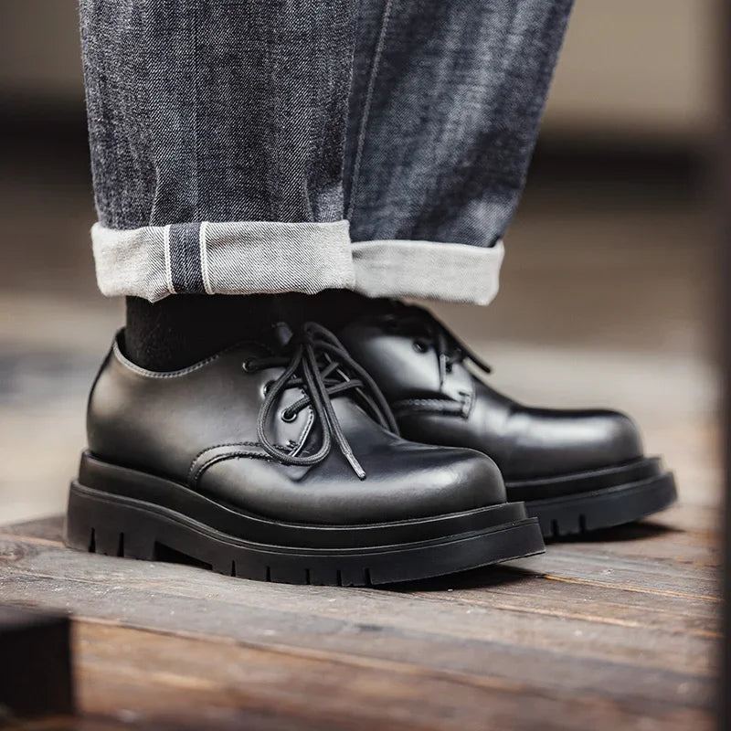 Maden Men's Vintage Derby Shoes Chunky Sole Round Toe Leather Low-top Boots CleanFit Workwear Dress Shoes for Office & Casual