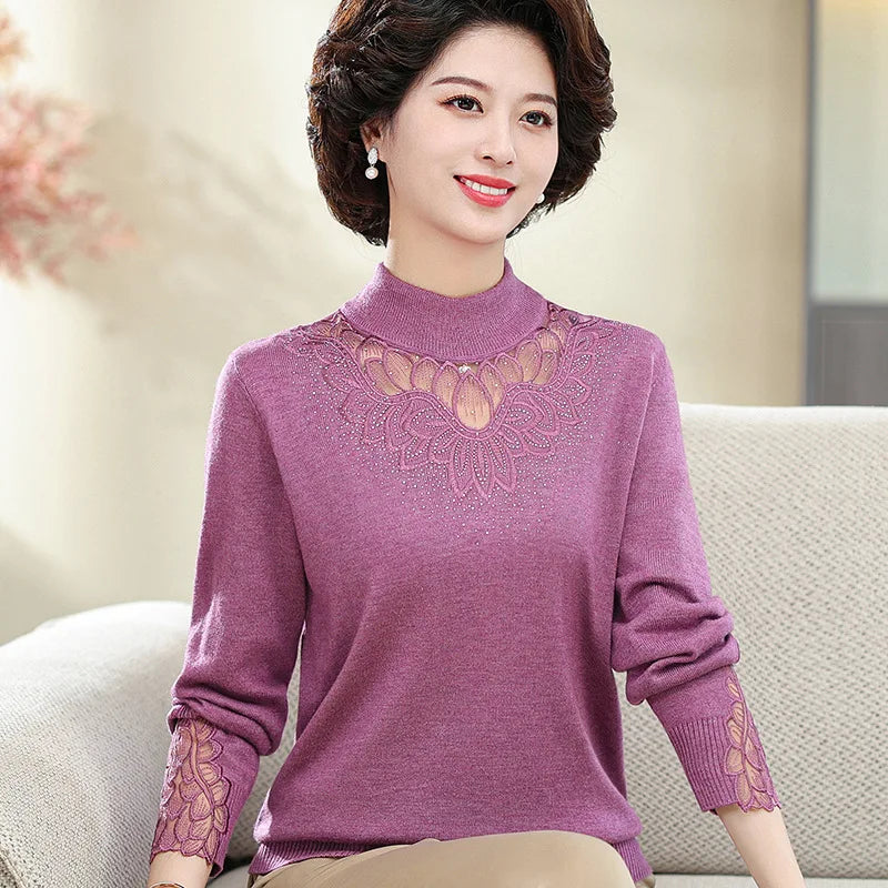 Turtleneck Warm Long Sleeve Knitwear Tops Spring Autumn Woman Clothing Middle Aged Mother Sweater Basic Wear Pullover Shirt
