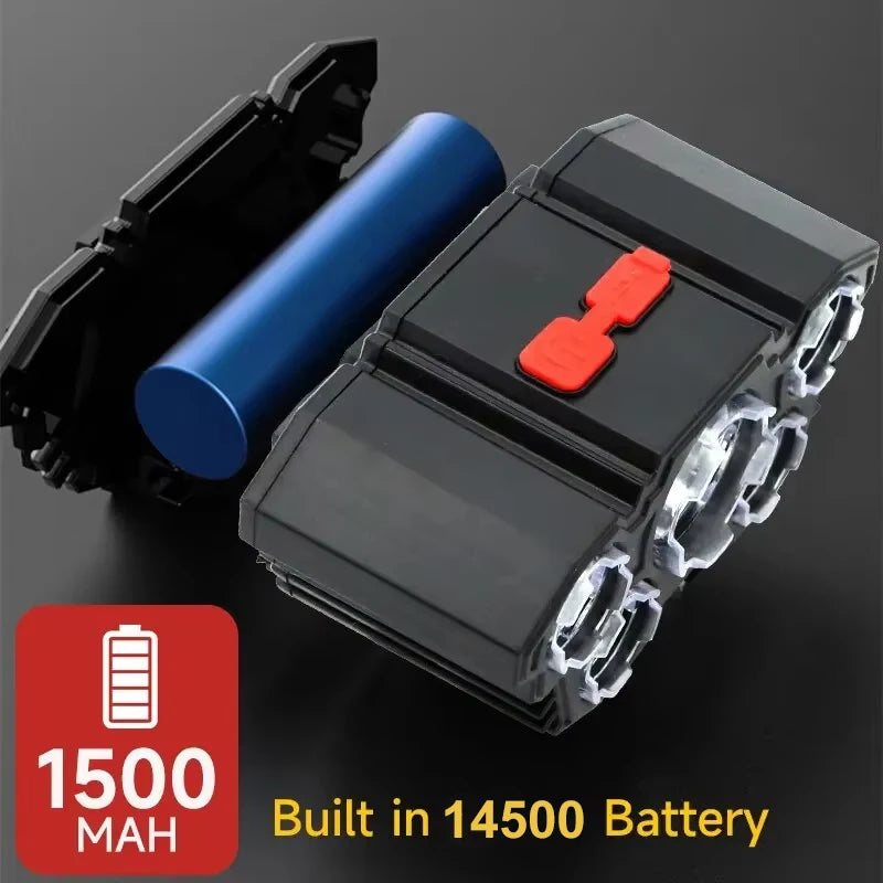 ភ្លើងពិល LED 5 គ្រាប់ អាចសាកបាន ជាមួយថ្ម 14500 ភ្ជាប់មកស្រាប់ ពន្លឺខ្លាំង សម្រាប់បោះតង់ ផ្សងព្រេង នេសាទ ភ្លើងមុខ