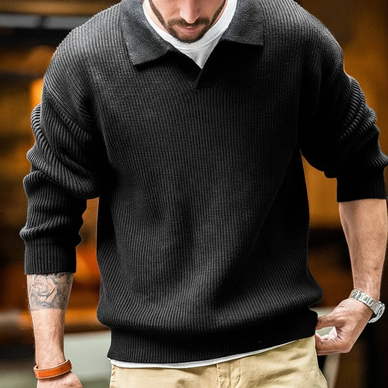អាវយឺត Maden Retro Polo Neck ប៉ាក់បញ្ឈរ អាវយឺតបុរស Lazy Pullover រដូវស្លឹកឈើជ្រុះ និងរដូវរងា ទន់ ក្តៅ