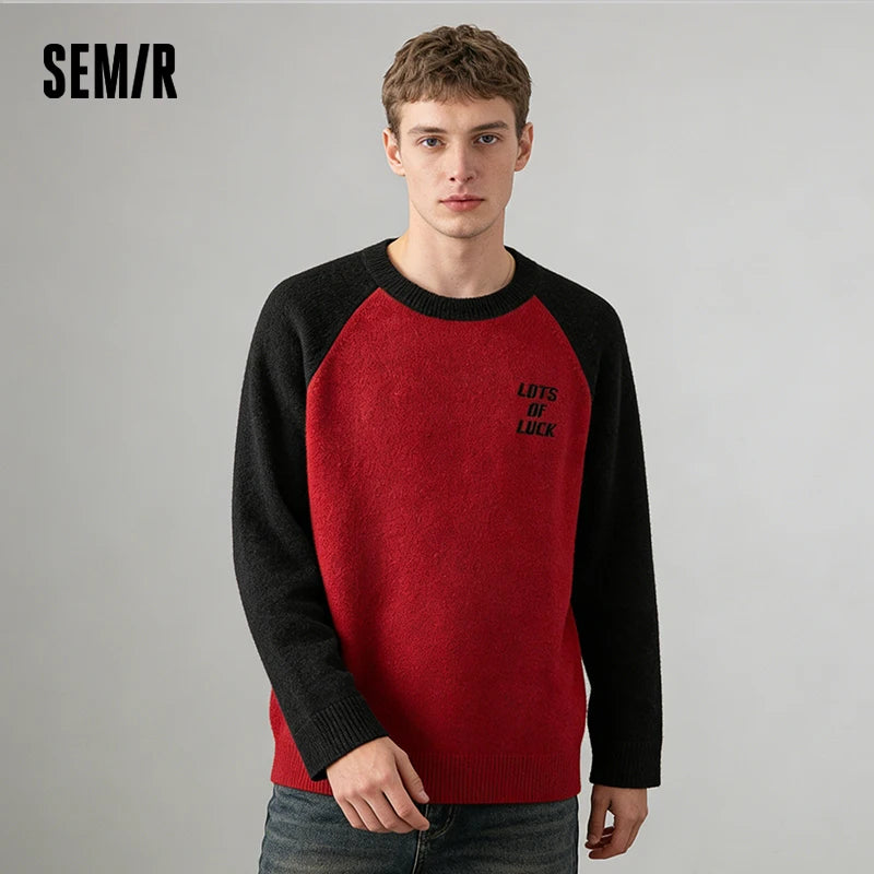 Semir Cozy Sweater Men 2026 Spring Fleece Embroidered Color Block Loose Knit Top New Year Red Casual Comfortable Wear