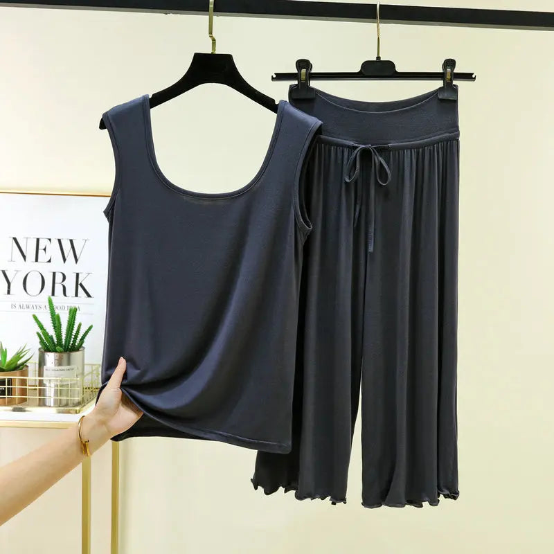 Plus Size Modal Sleepwear Home Clothes Double U-neck Vest Loose Cropped Pants Set Drawstring Lace-up Women's Pajamas M-6XL