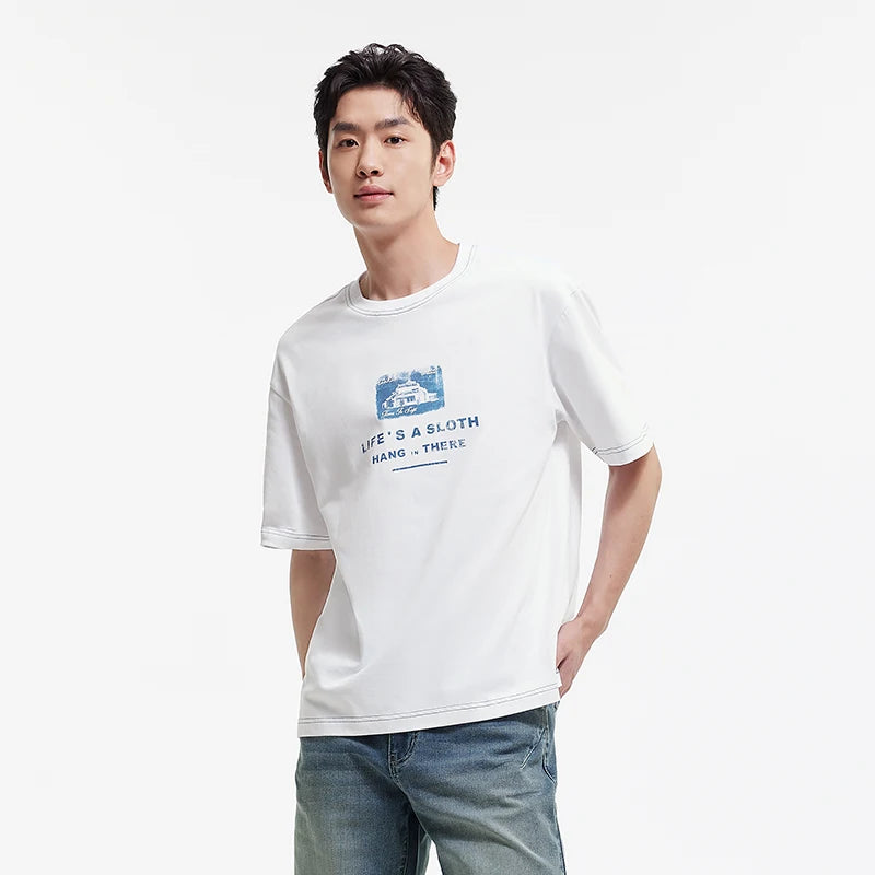 Semir Mens Tshirt 2026 Pure Cotton Letter Printed Knitted Loose Crew Neck Casual Style Soft Daily Wear