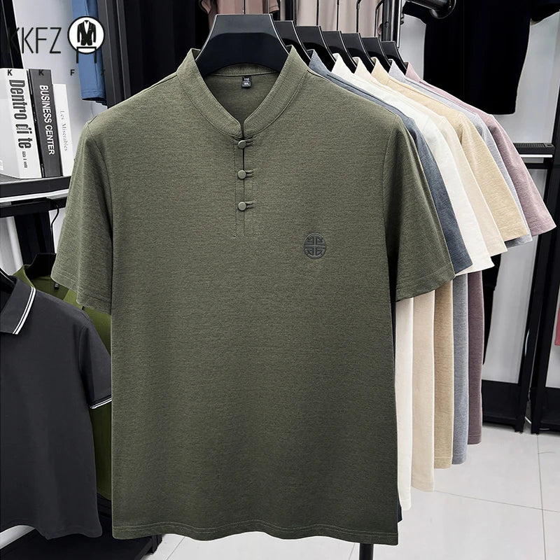 Mens Casual Short Sleeve Henley Shirt Mandarin Collar Frog Button Chinese Style Embroidered Summer Top