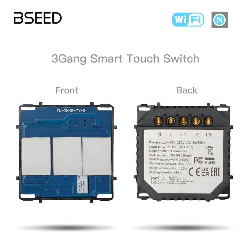 BSEED Smart Touch Switch Function Key 1/2/3Gang 1/2/3Way WIFI Light Switches Base DIY Parts Smart App Control Neutral Required