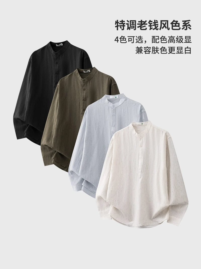 DUKEEN Men's Lyocell Linen Blend Henley Shirt Long Sleeve Stand Collar Lightweight Breathable Casual Old Money Style