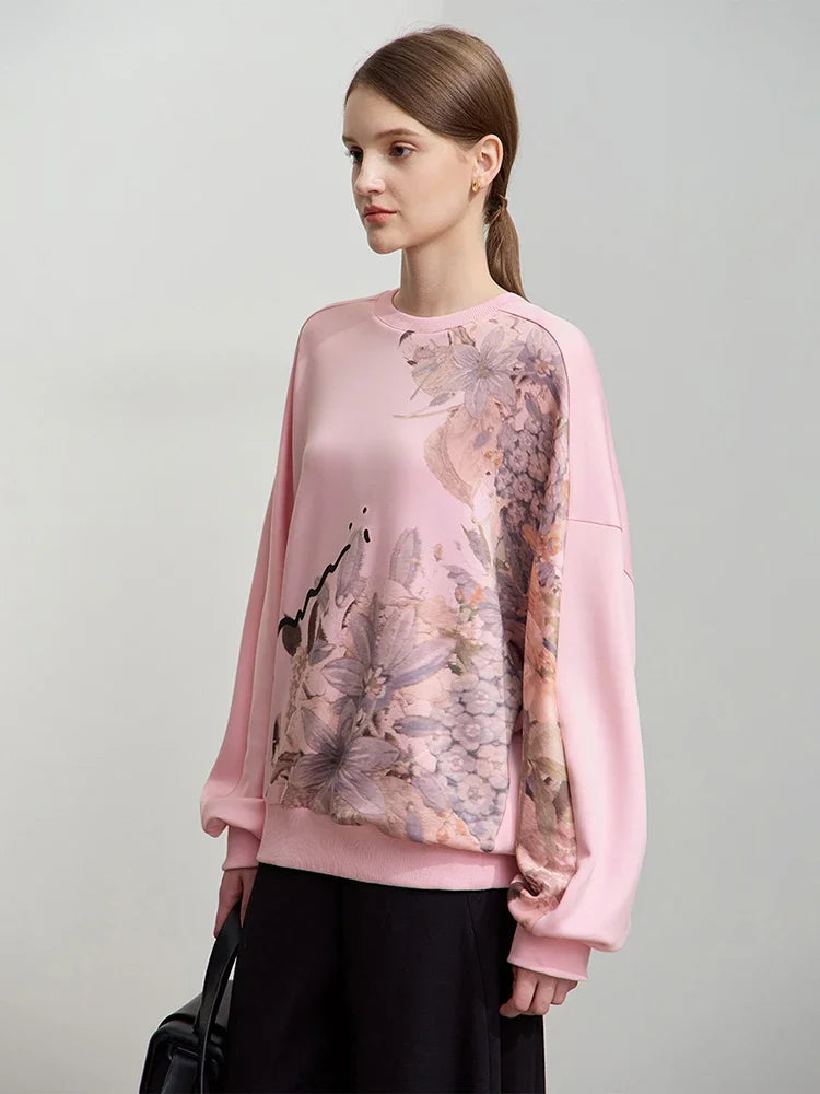 Amii Minimalist Crew Neck Floral Letter Print Pullovers 2026 Oversized Sweater Women Autumn New Casual Loose Trend Top 12541032