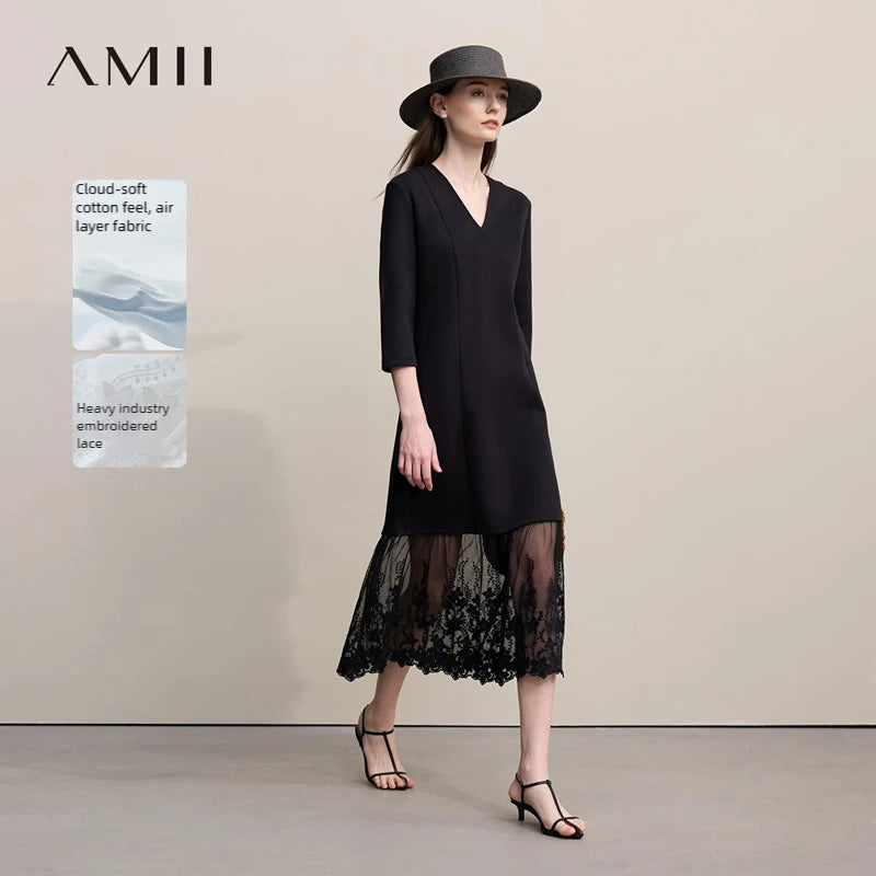 រ៉ូបនារី Amii ឆ្នាំ២០២៦ រដូវស្លឹកឈើជ្រុះថ្មី រ៉ូបចរពីរដុំក្លែងក្លាយ ក V ដៃអាវបីភាគបួន សំពត់ឆើតឆាយ 12621062