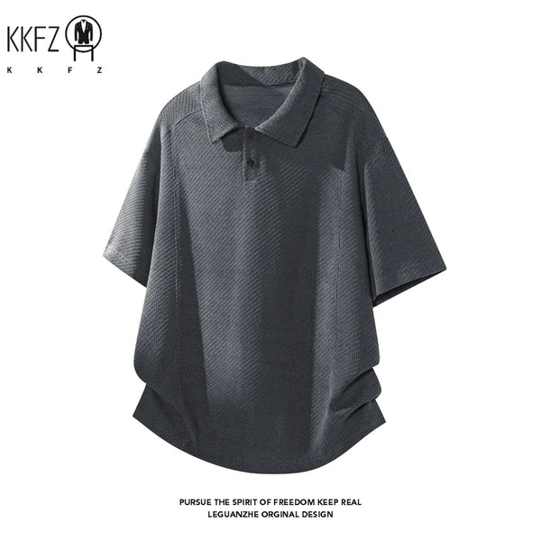 Mens Honeycomb Textured Polo Top Short Sleeve Lapel Neck Button Detail Loose Fit For Outdoor Leisure And Travel Outfit