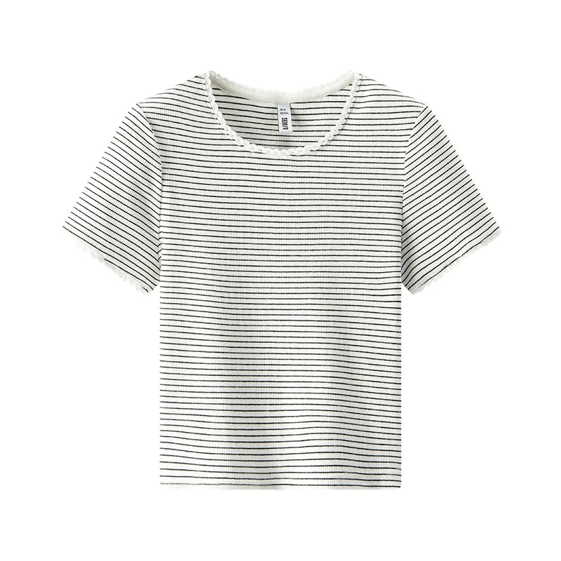 Semir Womens Tshirt 2026 Short Lace Crew Neck Slim Striped Elegant Gentle Casual Soft