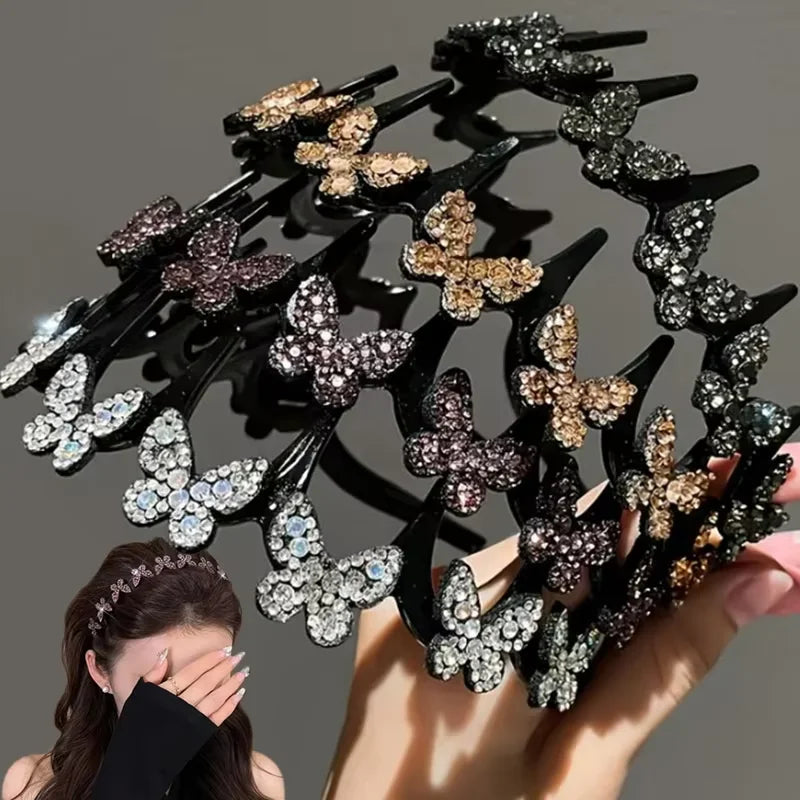 Rhinestone Butterfly Wavy Headband Fashion Sparkling Korean Style Anti-slip Toothed Headband Face Washing Hair Accessories Women