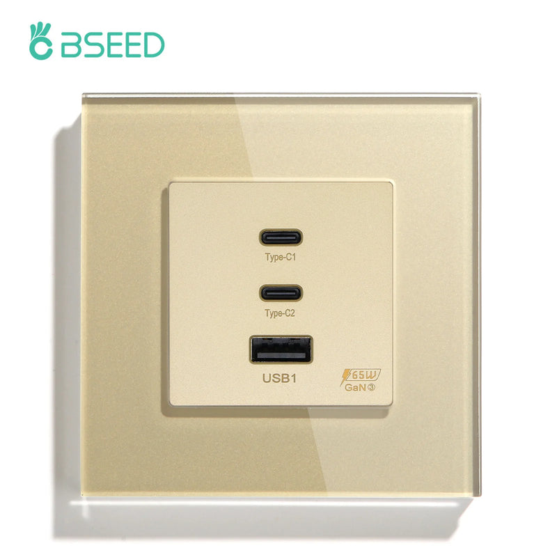 BSEED GaN3 Universal Socket 65W PD Fast Charge Port USB Type-C Quick Charge Adapter for Phone Computer Glass Panel 100V-240V