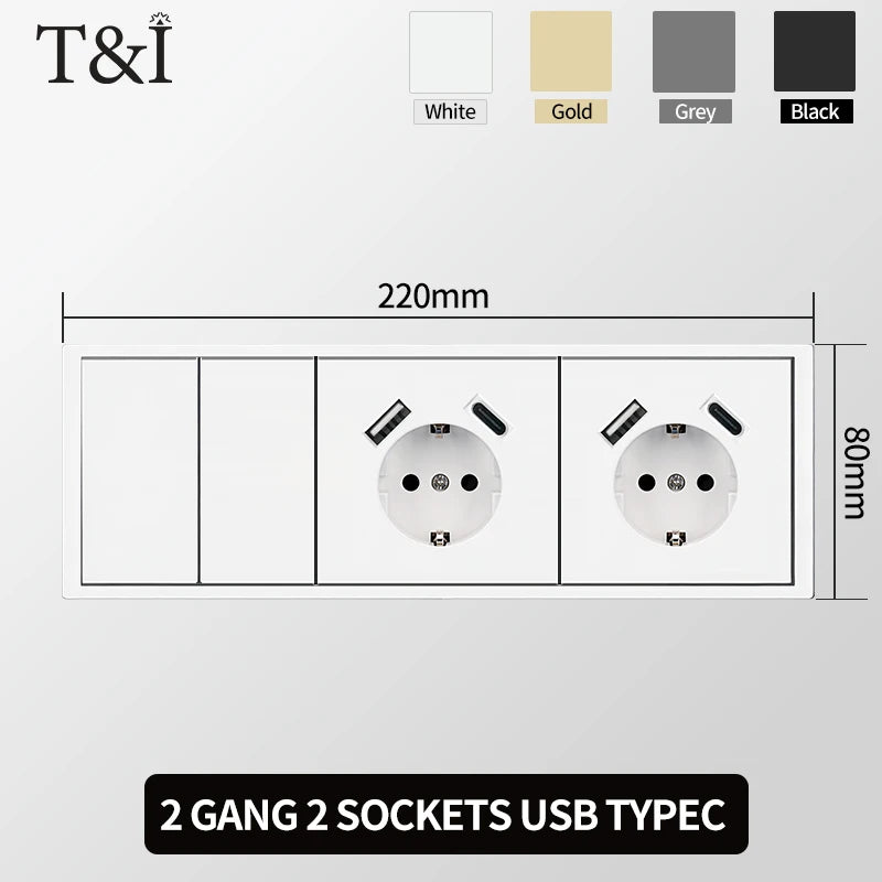 European Wall Socket EU Outlet, USB Type-C Charging Ports, 1/2 Gang Light Switch, 16A 250V, Flush Mount, White Panel, 80×80mm