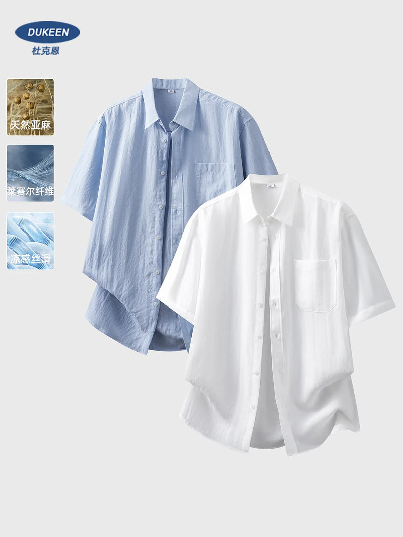 DUKEEN Men's Lyocell Linen Shirt Summer Short Sleeve Lightweight Breathable Cooling Casual Button Down Shirt