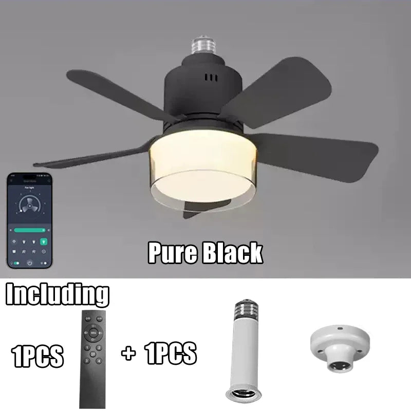 កង្ហារពិដានឆ្លាតវៃ 2-in-1 ភ្លើង LED ភ្លើង E27 កង្ហារបញ្ជាតាម APP ជាមួយប៊្លូធូស រចនាស្ងាត់សម្រាប់ការតុបតែងបន្ទប់គេង