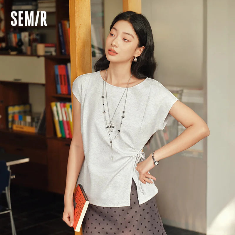 Semir Womens Tshirt 2026 Slash Neck Bow Slit Split Pure Cotton Gentle Style Casual Soft