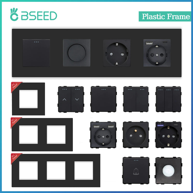 BSEED Wall Light Switch 1/2/3Gang 1/2Way Wall Electrical Outlet USB Type-C Charge Port Function Plastic Frame DIY Combination