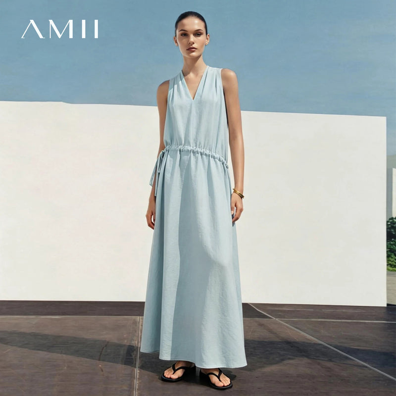 Amii Sleeveless Womens Dresses 2026 Summer New V-Neck Linen Blend Breathable Drawstring Tie A-Line Elegant Long Dress 12652013