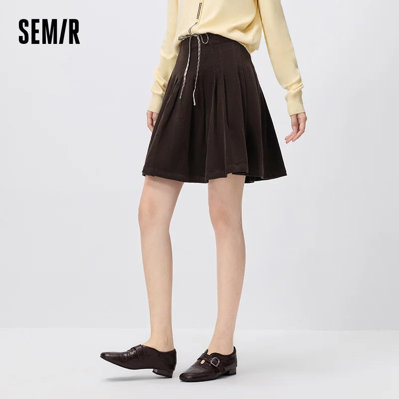 Semir Women Mini Skirt Corduroy Cotton Patchwork High Waist Pleated Retro Casual Autumn Bottoms Daily Wear 2026
