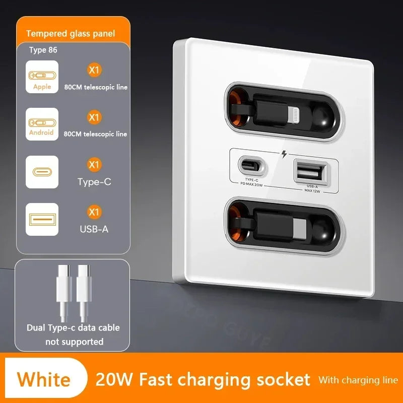 White Universal Smart Socket With Telescopic charging line 20W Fast Charge Type C USB Port Tempered Glass Wall Power Plug Outlet