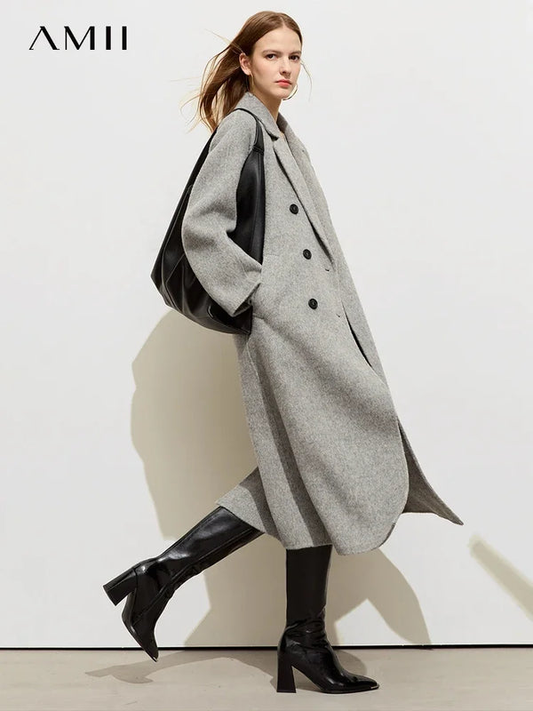 អាវធំរោមចៀម AMII Minimalist Blazer សម្រាប់ស្ត្រីឆ្នាំ ២០២៤ រដូវរងាក្តៅៗ អាវក្រៅបែប Vintage គុណភាពរលុង 12424104