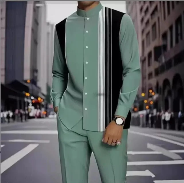 Men's Two-piece Set for Spring/Fall: An Ethnic-style Long-sleeve Shirt Paired with Pants, Red, Blue, Green, Gray, Black, Purple.