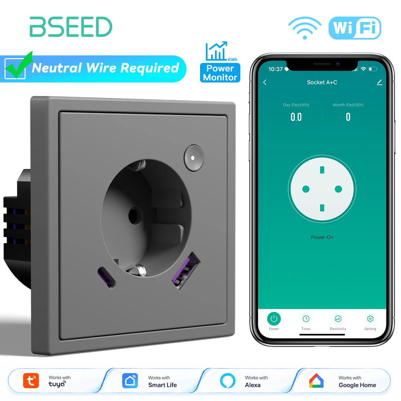 BSEED E Series WIFI Wall Socket Smart Power Monitor Socket 20W USB Type-C Charge Port Plastic Frame Tuya Smart Life Control