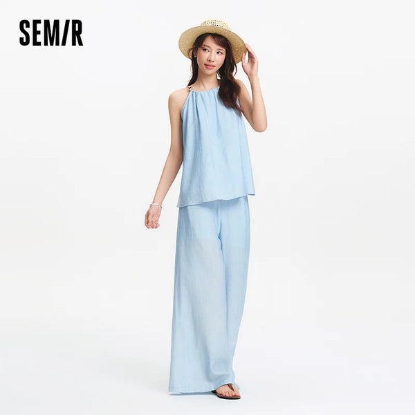 Semir Bowknot Strap Wide Leg Pants Set Women 2025 Summer New Linen Like Textured Two Piece Outfit for Vacation Style