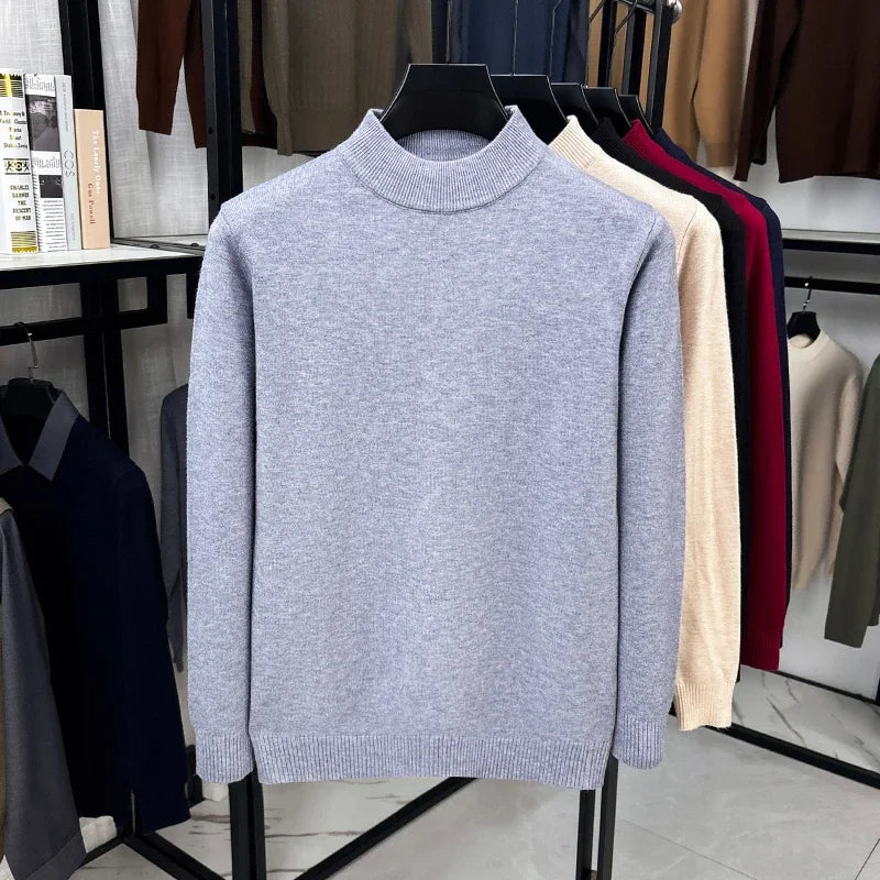 Daily Basic Knit Sweater Men Long Sleeve Mock Neck Rib Collar Autumn Walking Business Casual Pullover