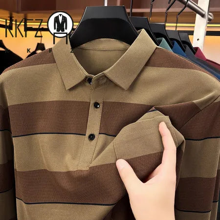 Autumn Basic Long Sleeve Polo Men Turn Down Collar Stripe Pattern Material Easy Matching Daily Commute Apparel