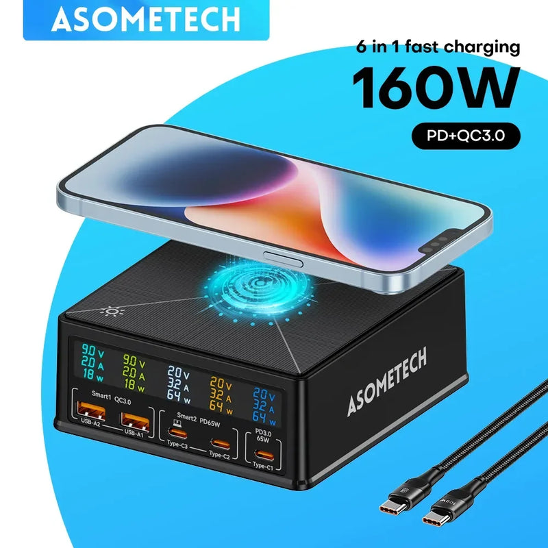 ស្ថានីយសាកថ្មឥតខ្សែ GaN USB 160W 15W អេក្រង់ LCD USB C PD 65W QC ឆ្នាំងសាកលឿនសម្រាប់ iPhone 14 Samsung Xiaomi កុំព្យូទ័រយួរដៃ