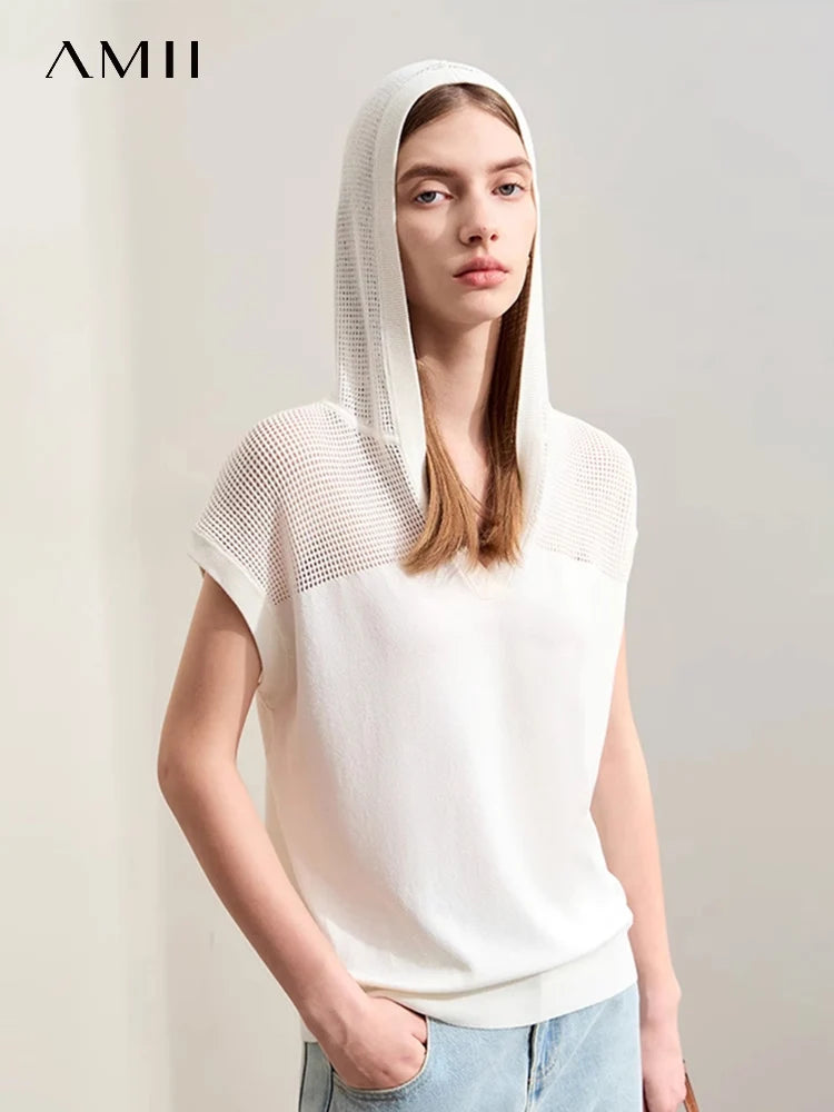 អាវយឺត Amii Minimalism សម្រាប់នារី រដូវស្លឹកឈើជ្រុះ ឆ្នាំ២០២៥ ថ្មី ធ្វើពីក្រណាត់ទេសឯក មានមួក ដៃខ្លី អាវធំ ប៉ាក់រលុង ស្រស់ស្អាត 12442302