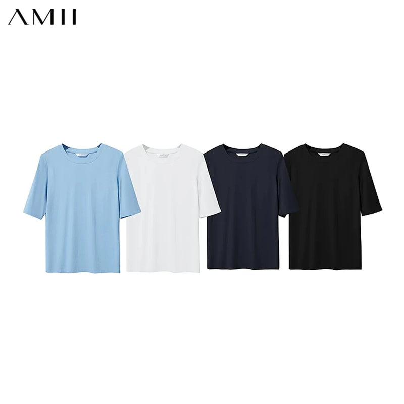 AMII Minimalism 2026 Summer T-shirts For Women New Cotton Stretch Half Sleeve Straight Solid Basics Office Lady Tops 12522172