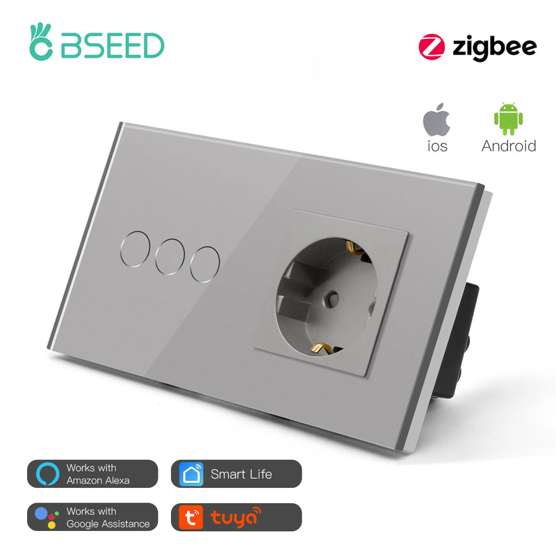 BSEED Zigbee Switch 1/2/3Gang Smart Sensor Switch Tuya Smart Life Control No Neutral Line With Normal EU Wall Socket