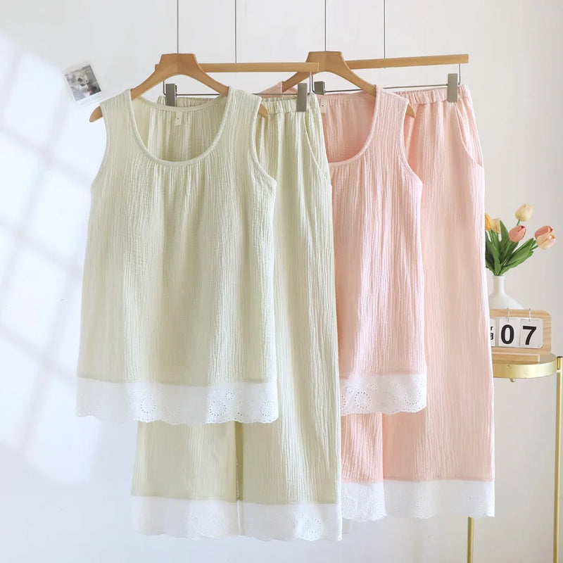 Two Piece Thin Sleeveless Pajamas Woman Summer Sleepwear Cotton Home Suit Sleep Loose Lounge Pijama Wear Women's Home Clothes