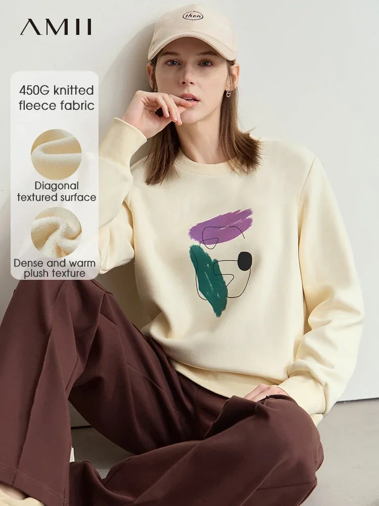 AMII Minimalism Casual Sweatshirt For Women 2026 Winter New Print Fleece Loose Elastic O-Neck Thick Long Sleeve Tops 12424053