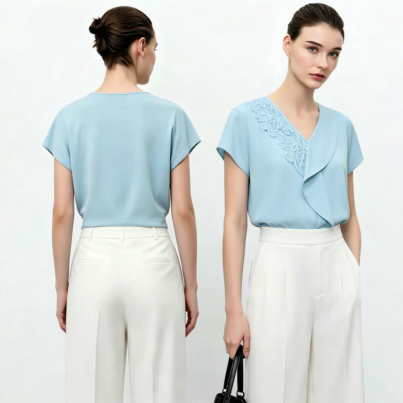 Amii V-Neck Women's Blouse 2026 Summer New Elegant Ruffle Chiffon Top Loose Fit Short Sleeve Office Shirt For Women 12622070