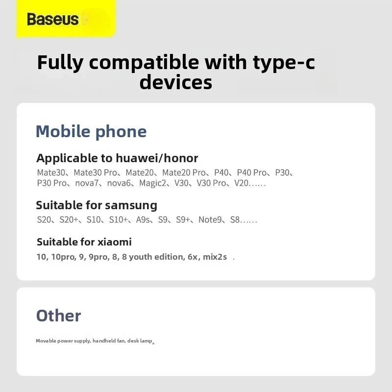 ខ្សែសាកទិន្នន័យ BASEUS Typec 5A 40W សាកលឿនសម្រាប់ទូរស័ព្ទ Huawei Xiaomi Honor