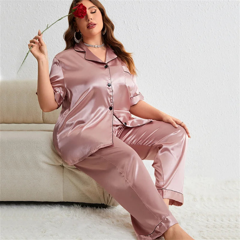 Summer Fashionable Women Silk Sleepwear Set Personalized Satin Casual Thin Loose Tops Long Pants Home Wear Pajamas For Women