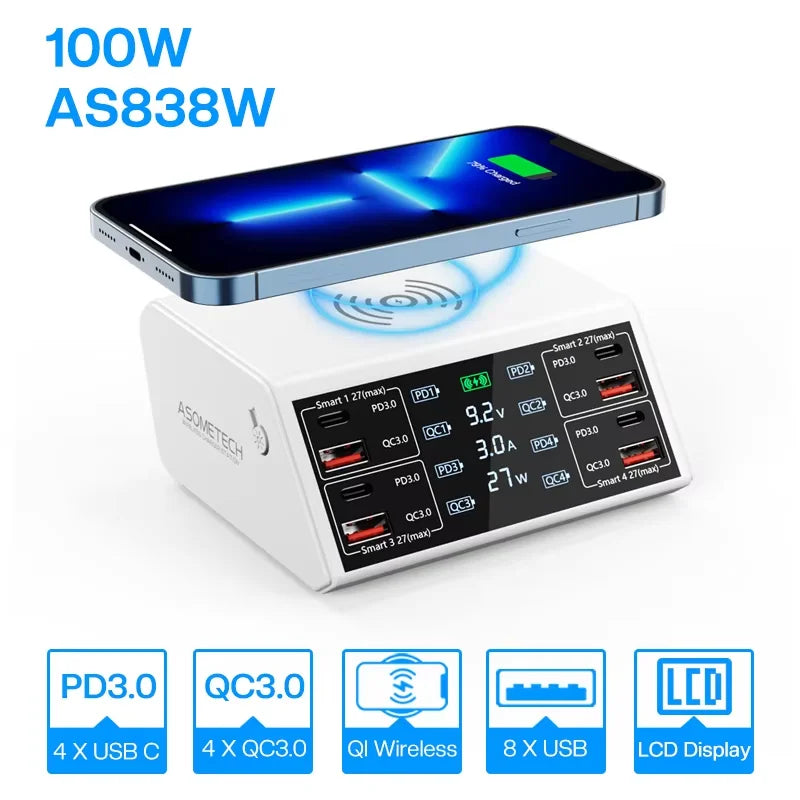 ឆ្នាំងសាកឥតខ្សែ 100W QC PD3.0 USB ឆ្នាំងសាកឥតខ្សែ សាកលឿន 8 រន្ធ ឆ្នាំងសាកលឿន សម្រាប់ iPhone 12 13 Xiaomi