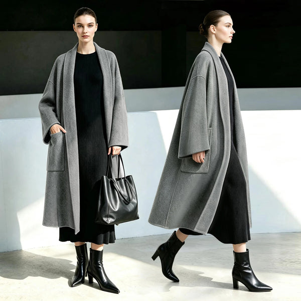 Amii Woman Winter Coats 2026 New Lapel Cashmere Double-faced Wool Long Coat Loose Buttonless Warm Women's Outerwear 12624086