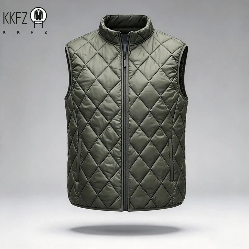 Mens Casual Light Padded Sleeveless Gilet Stand Collar Diamond Quilted Vest Windproof Waistcoat Outdoor Inner Layer Top