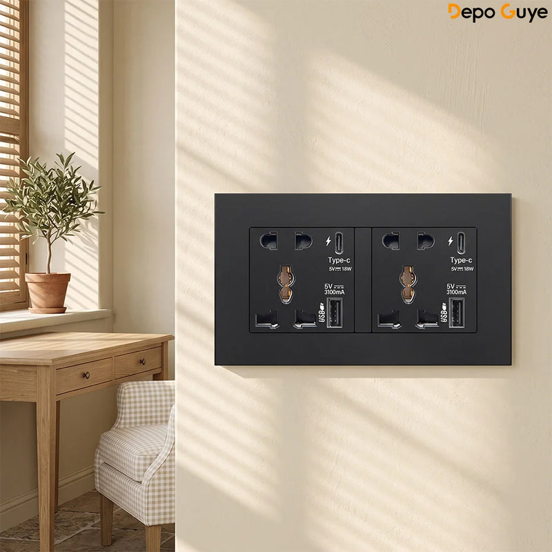 Black UK 13A Wall Socket with USB Type C 18W Quick Charge Plug Socket,Universal Wall power outlet 220V Electrical Light Switch
