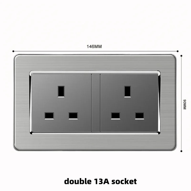 Grey Stainless Steel Metal Uk 13A Wall 220V Light Switch with Electrical Socket, Smart Type-c Fast Charging Wall USB C Socket